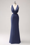 Vestido de dama de honor largo fruncido con cuello en V azul real