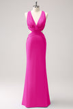 Vestido de dama de honor largo fruncido con cuello en V azul real