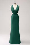 Vestido de dama de honor largo fruncido con cuello en V azul real