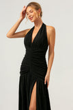 Vestido de dama de honor largo plisado sin espalda halter de sirena negro