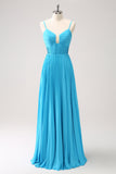 Vestido de dama de honor con tirantes de espagueti azul pavo real