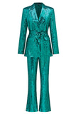 Trajes de mujer de lentejuelas de solapa con muescas verdes brillantes con cinturón