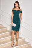Vestido de fiesta de cóctel con volantes ajustado y hombros descubiertos en verde oscuro
