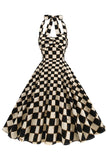 Vestido corto halter a cuadros de rejilla negra de la década de 1950