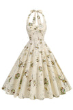 Vestido corto halter a cuadros de rejilla negra de la década de 1950