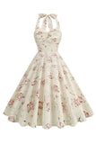 Vestido corto halter a cuadros de rejilla negra de la década de 1950