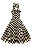 Vestido corto halter a cuadros de rejilla negra de la década de 1950