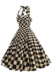 Vestido corto halter a cuadros de rejilla negra de la década de 1950