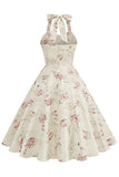 Vestido corto halter a cuadros de rejilla negra de la década de 1950