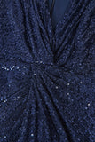 Vestido de cóctel midi de lentejuelas con escote en V azul marino con abertura