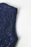 Vestido de cóctel midi de lentejuelas con escote en V azul marino con abertura