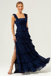 Vestido de dama de honor largo azul marino oscuro de gasa con cuello cuadrado y cuello cuadrado