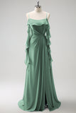 Gris Azul Un Vestido de Dama de Honor Largo de Gasa con Tirantes de Espagueti Azul A con Abertura
