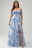 Corsé de flor blanca azul con hombro descubierto y vestido de dama de honor de talla grande con abertura