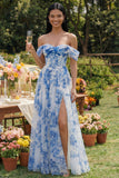 Vestido Maxi de tul floral azul corsé A de línea A descubierto