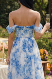 Vestido Maxi de tul floral azul corsé A de línea A descubierto