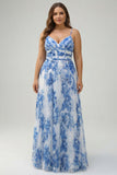 Vestido de dama de honor plisado de talla grande con tirantes finos de flor blanca azul y tirantes finos