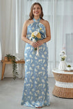 Vestido largo largo de dama de honor estampado de talla grande con halter, azul y corte
