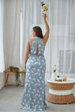 Vestido largo largo de dama de honor estampado de talla grande con halter, azul y corte