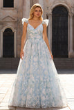 Vestido de fiesta largo con mangas cortas con estampado de flores azul claro