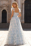Vestido de fiesta largo con mangas cortas con estampado de flores azul claro