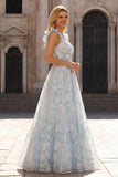 Vestido de fiesta largo con mangas cortas con estampado de flores azul claro