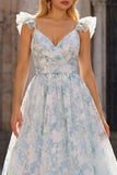 Vestido de fiesta largo con mangas cortas con estampado de flores azul claro
