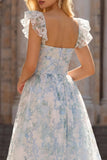 Vestido de fiesta largo con mangas cortas con estampado de flores azul claro