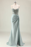Vestido de graduación largo de tirantes de sirena verde polvoriento brillante con tirantes finos