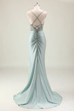 Vestido de graduación largo de tirantes de sirena verde polvoriento brillante con tirantes finos
