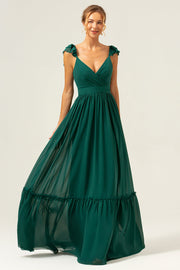 Vestido largo de dama de honor de gasa fruncido con escote en V de línea verde oscuro