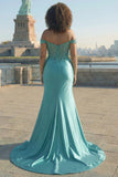 Vestido largo de satén de satén de talla grande de sirena verde oscuro con hombros descubiertos y abertura