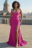 Vestido de graduación de talla grande con corsé de sirena fucsia y tirantes finos