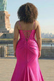 Vestido de graduación de talla grande con corsé de sirena fucsia y tirantes finos