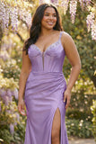Vestido de graduación de talla grande con corsé de sirena fucsia y tirantes finos