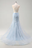 Vestido largo de graduación de tul de talla grande con corsé de sirena azul y flores 3D