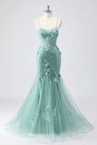 Vestido largo de graduación de tul de talla grande con corsé de sirena azul y flores 3D