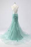 Vestido largo de graduación de tul de talla grande con corsé de sirena azul y flores 3D