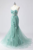 Vestido largo de graduación de tul de talla grande con corsé de sirena azul y flores 3D