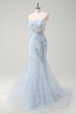 Vestido largo de graduación de tul de talla grande con corsé de sirena azul y flores 3D