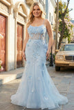 Vestido largo de graduación de tul de talla grande con corsé de sirena azul y flores 3D