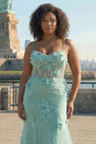 Corsé de Sirena Verde Flores 3D Talla Grande Vestido de Baile Largo con Encaje en la Espalda