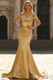 Vestido largo de graduación de satén de satín de sirena dorado con hombros fríos y lentejuelas