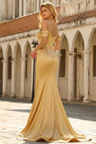Vestido largo de graduación de satén de satín de sirena dorado con hombros fríos y lentejuelas