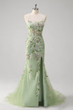 Corsé de sirena verde bordado vestido largo de talla grande con abertura