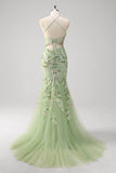 Corsé de sirena verde bordado vestido largo de talla grande con abertura