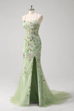 Corsé de sirena verde bordado vestido largo de talla grande con abertura