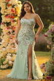 Corsé de sirena verde bordado vestido largo de talla grande con abertura