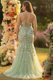 Corsé de sirena verde bordado vestido largo de talla grande con abertura