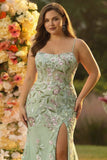 Corsé de sirena verde bordado vestido largo de talla grande con abertura